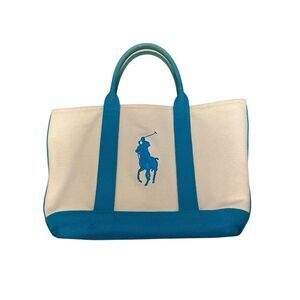 Ralph Lauren Logo Canvas Tote Blue White Beach Bag Small